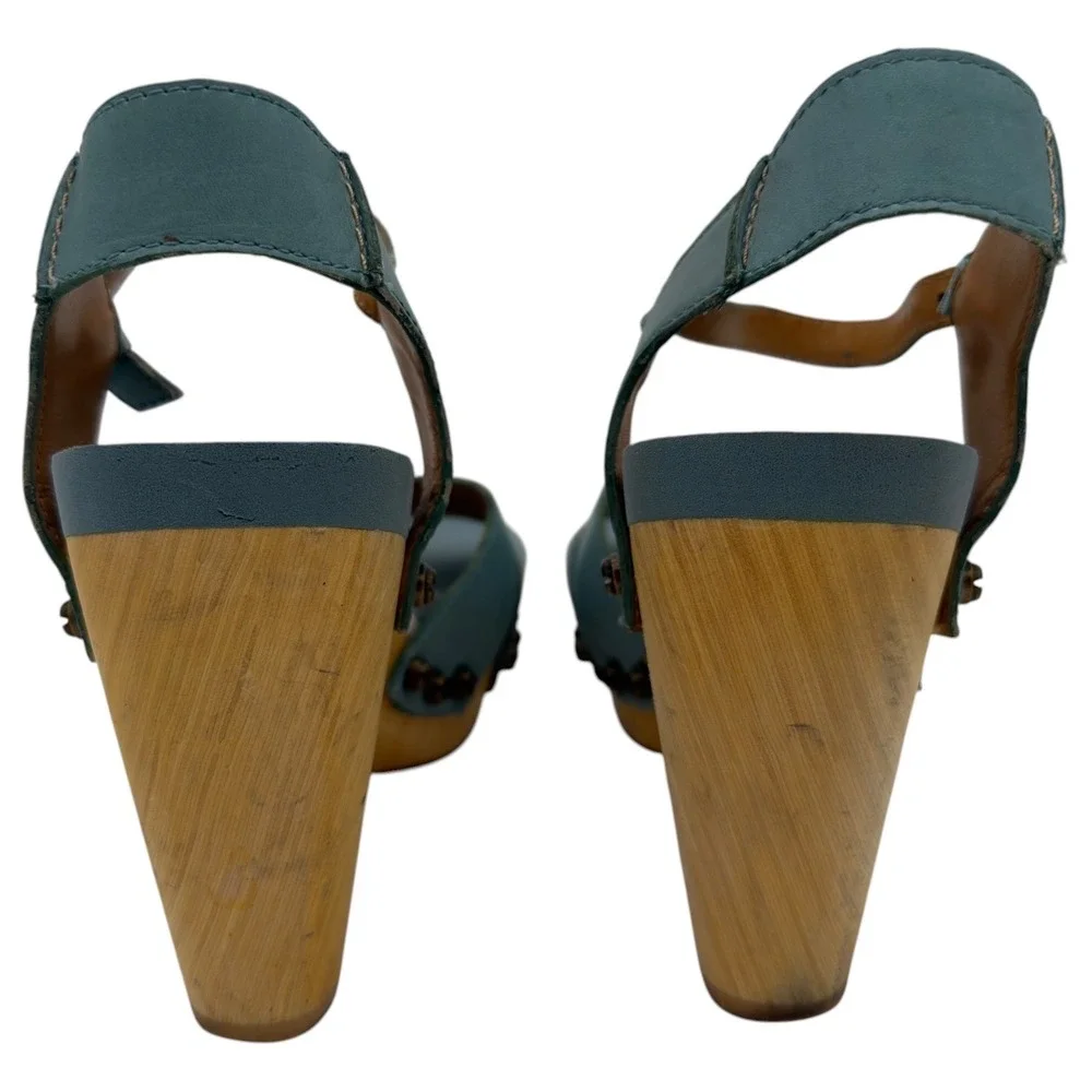 Flogg Wooden Platform Sandals‎ Teal Leather Studded Heels Women's 7.5